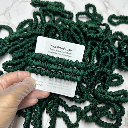 Dark Green Skinny Silk Scrunchie Wholesale from 1 piece, custom silk scrunchie with brand logo low MOQ.