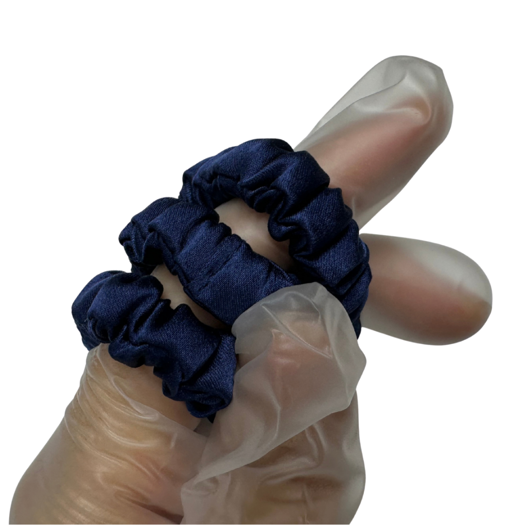 Dark Indigo Skinny Silk Scrunchie Wholesale from 1 piece, custom silk scrunchies with brand label, low MOQ.