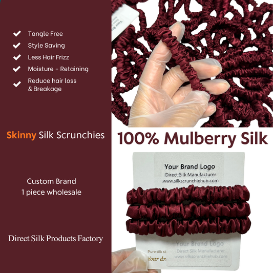Dark Red Skinny Silk Scrunchie in stock, wholesale silk scrunchie from 1 piece, custom silk scrunchies with logo brand label, low MOQ.
