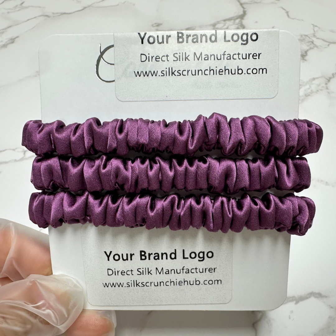 Dark Reddish Skinny Silk Scrunchie in stock, wholesale silk scrunchie from 1 piece, custom silk scrunchies with logo brand label, low MOQ.