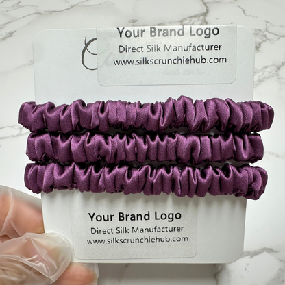 Dark Reddish Skinny Silk Scrunchie in stock, wholesale silk scrunchie from 1 piece, custom silk scrunchies with logo brand label, low MOQ.