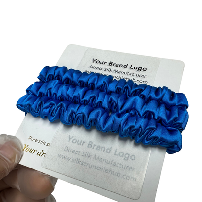 Deep-Bright-Blue Silk Scrunchie Wholesale from 1 piece, custom silk scrunchies with brand label, low MOQ.
