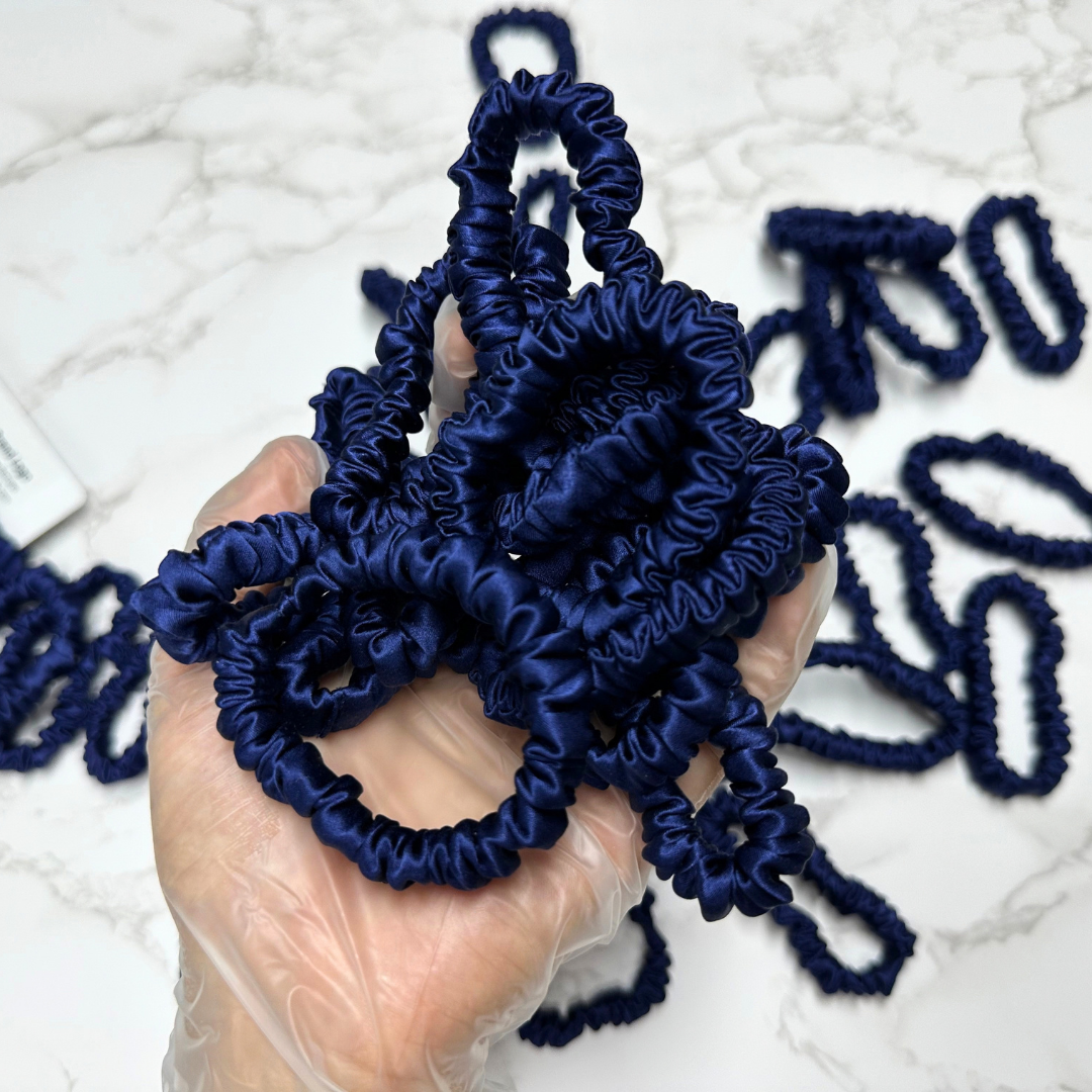 Deep Dark Blue Skinny Silk Scrunchie Wholesale from 1 piece, custom silk scrunchie with brand logo low MOQ.
