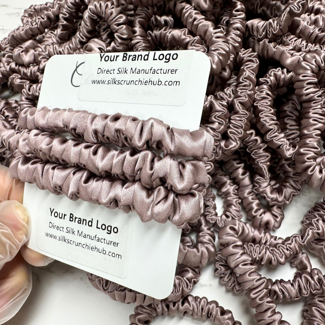 Deep Lotus Root Skinny Silk Scrunchie custom wholesale, custom brand low MOQ, 1 piece wholesale