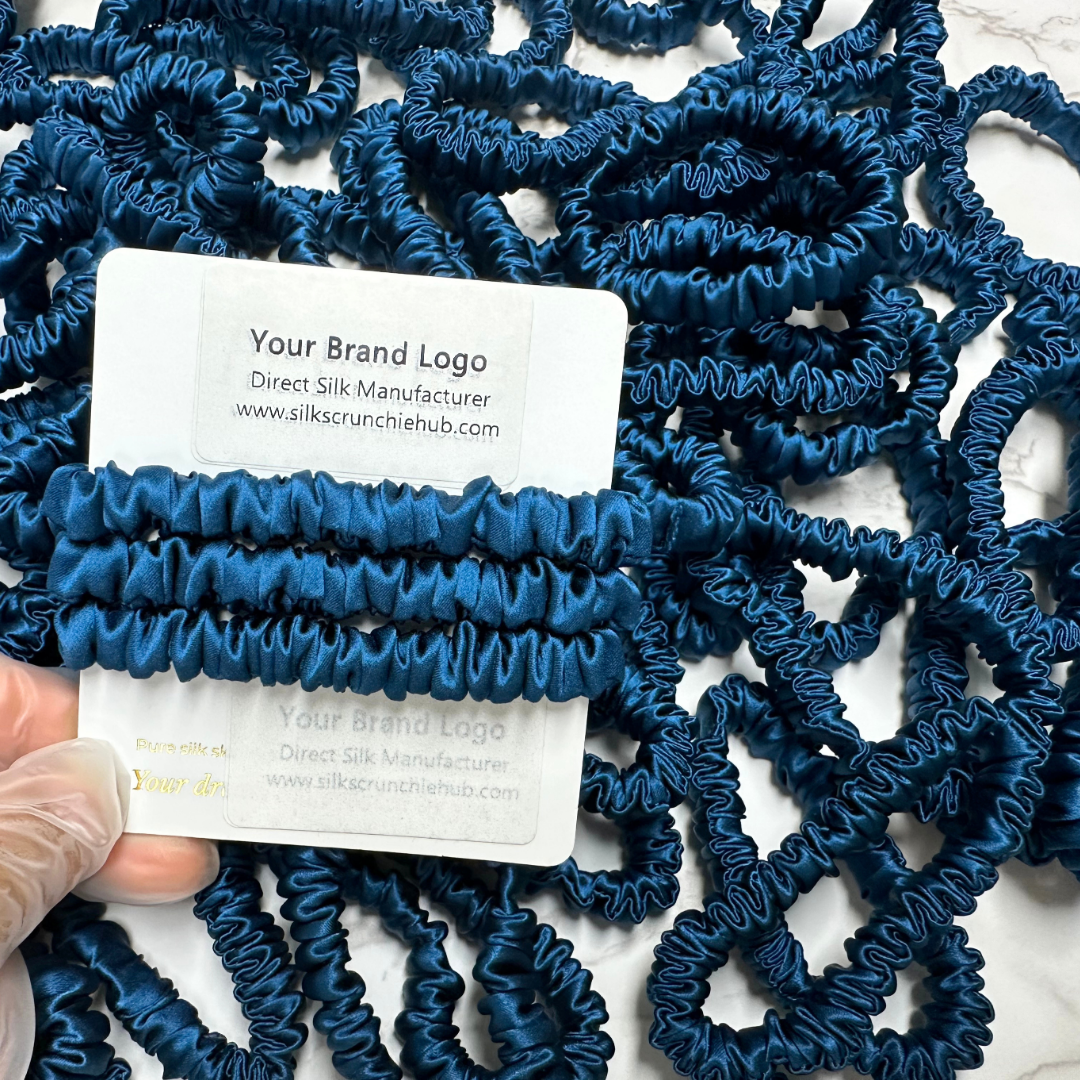 Deep Peacock Blue  Skinny Silk Scrunchie in stock, wholesale silk scrunchie from 1 piece, custom silk scrunchies with logo brand label, low MOQ.