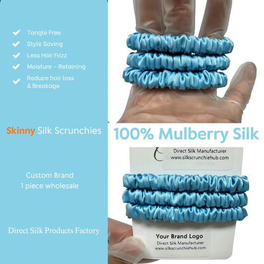 Deep Sky Blue Skinny Silk Scrunchie custom wholesale, custom brand low MOQ, 1 piece wholesale