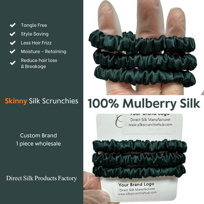 Emerald Green Skinny Silk Scrunchie custom wholesale, custom brand low MOQ, 1 piece wholesaleEmerald Green Skinny Silk Scrunchie custom wholesale, custom brand low MOQ, 1 piece wholesale