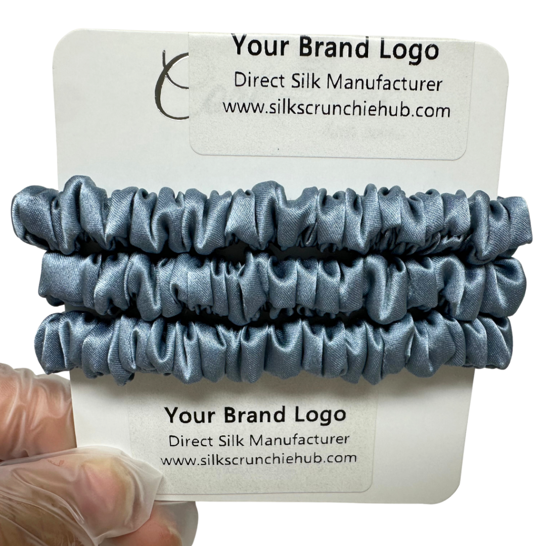 Grey Blue Skinny Silk Scrunchie custom wholesale, custom brand low MOQ, 1 piece wholesale