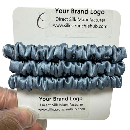 Grey Blue Skinny Silk Scrunchie custom wholesale, custom brand low MOQ, 1 piece wholesale