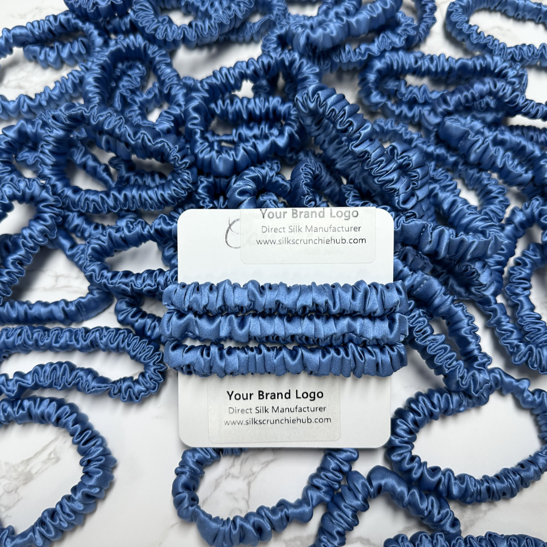 Indigo Blue Skinny Silk Scrunchie in stock, wholesale silk scrunchie from 1 piece, custom silk scrunchies with logo brand label, low MOQ.