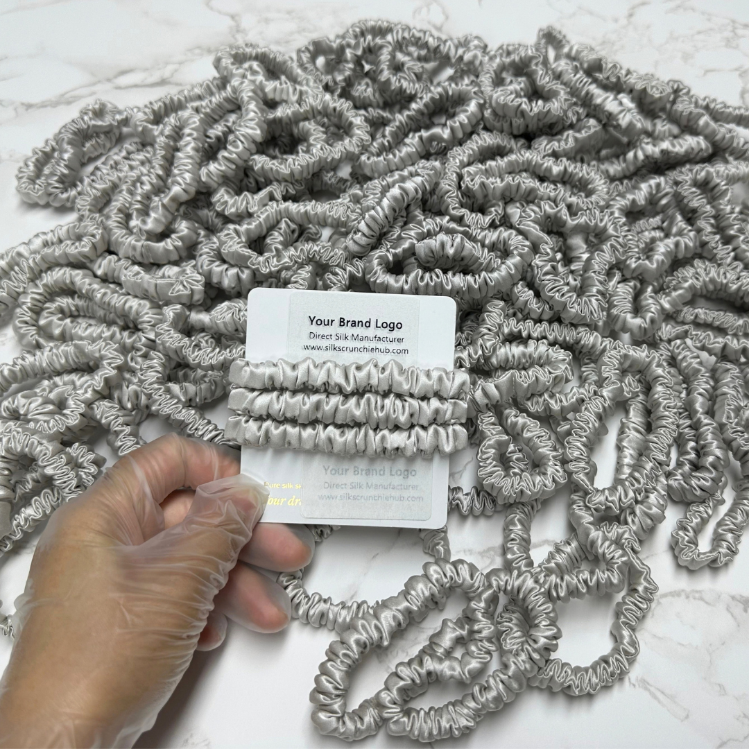 Light Gray Silk Scrunchie Wholesale from 1 piece, custom silk scrunchies with brand label, low MOQ.