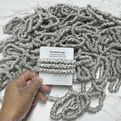 Light Gray Silk Scrunchie Wholesale from 1 piece, custom silk scrunchies with brand label, low MOQ.