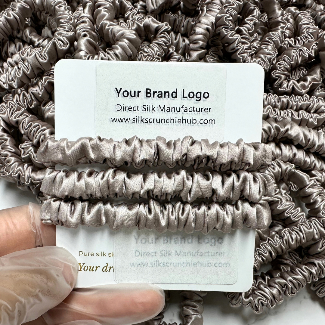 Light Root Skinny Silk Scrunchie Wholesale from 1 piece, custom silk scrunchie with brand logo low MOQ.
