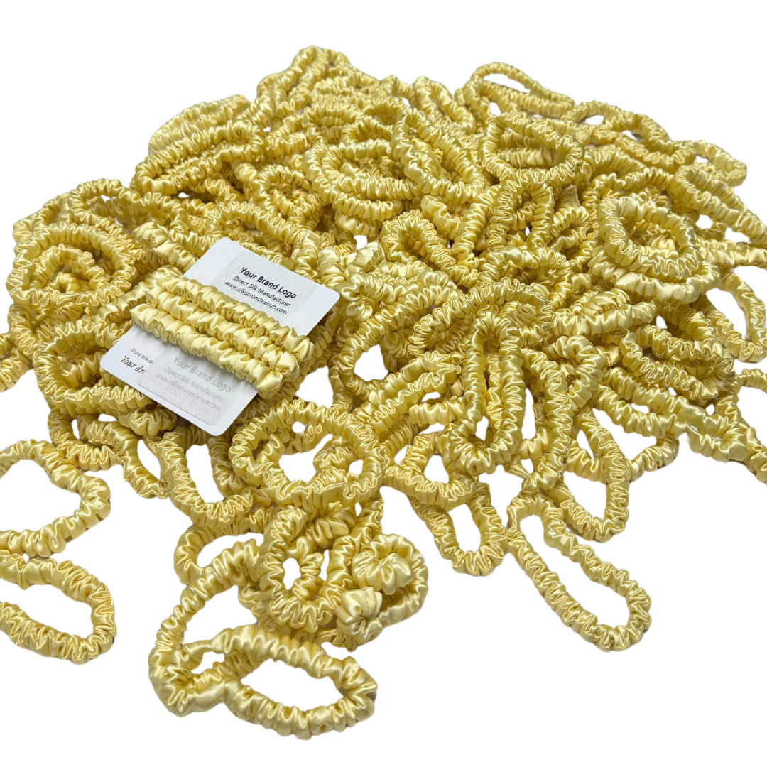 Light Yellow Silk Scrunchie Wholesale from 1 piece, custom silk scrunchies with brand label, low MOQ.