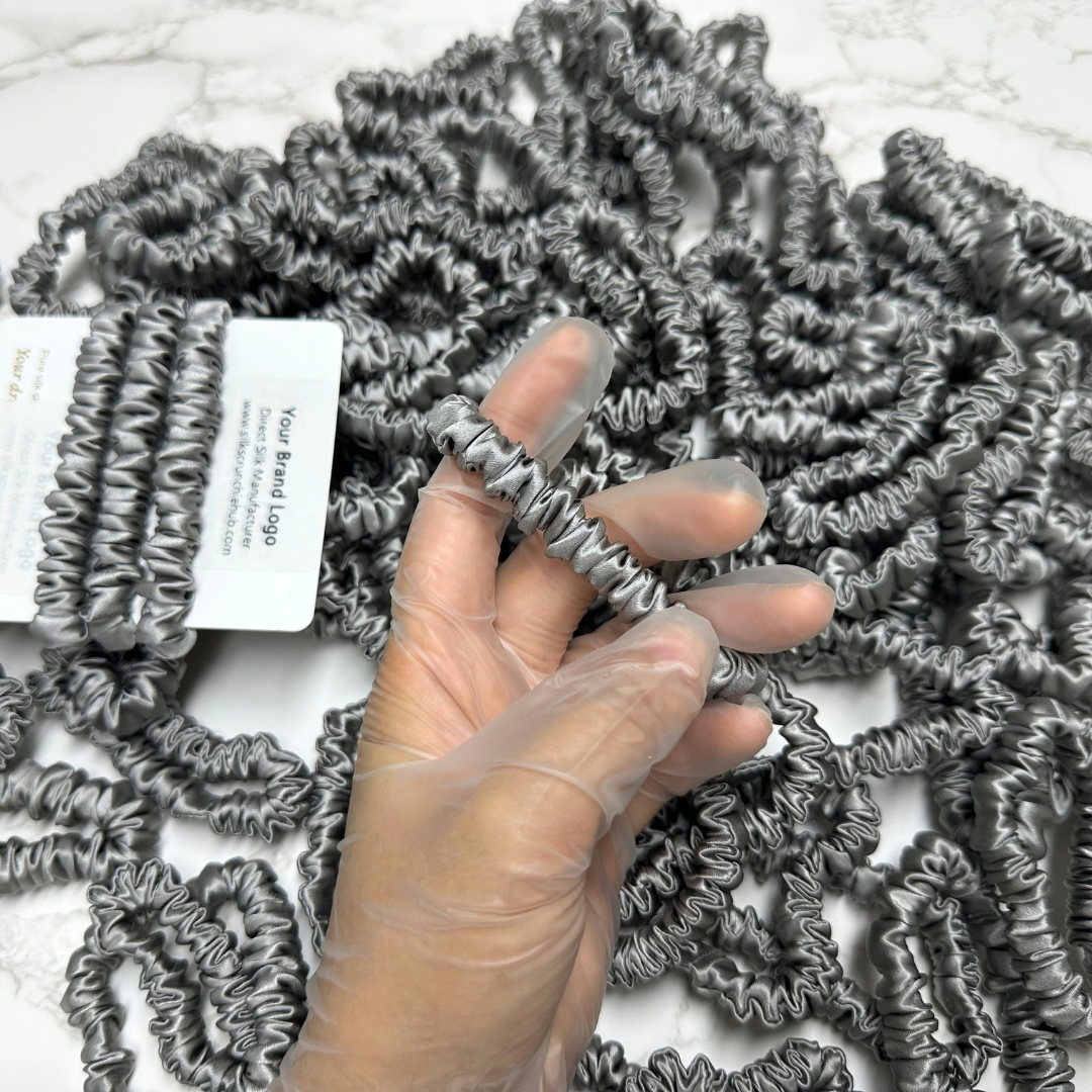 Middle Grey Silk Scrunchie Wholesale from 1 piece, custom silk scrunchies with brand label, low MOQ.