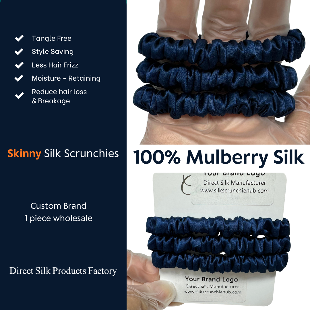 Navy Blue Skinny Silk Scrunchie custom wholesale, custom brand low MOQ, 1 piece wholesale