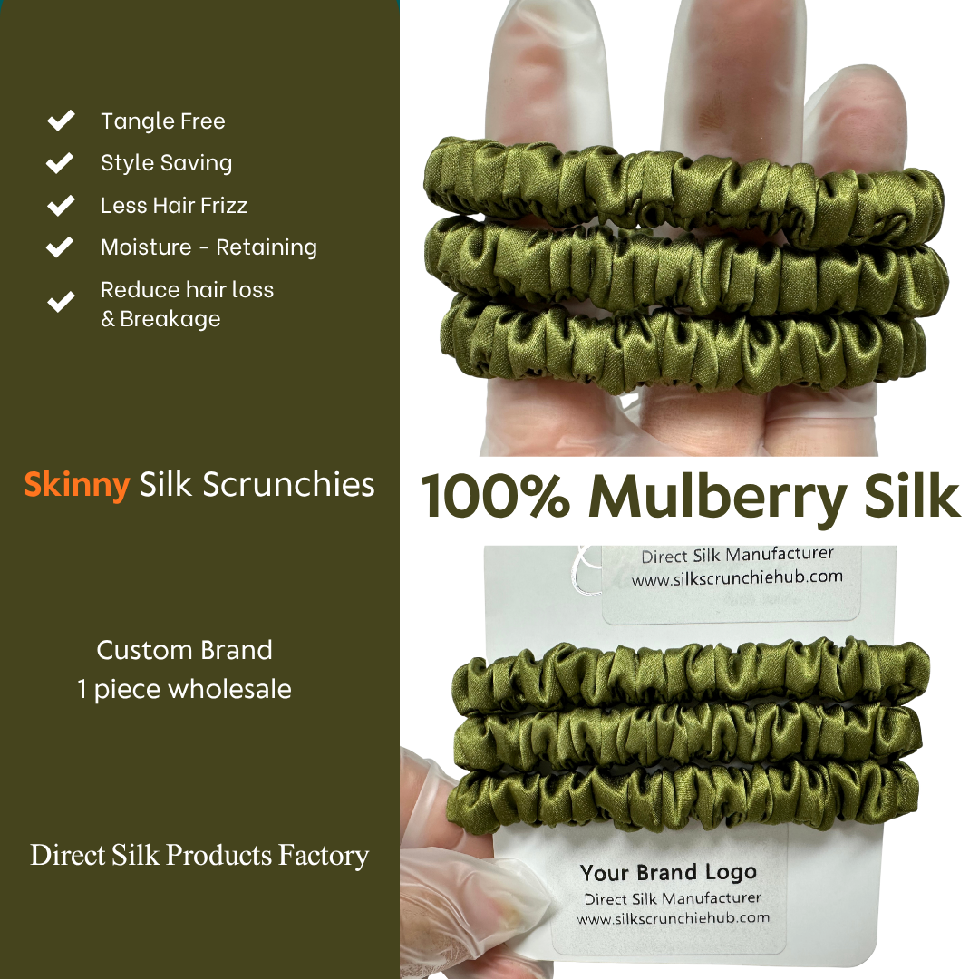 Olive Green Skinny Silk Scrunchie custom wholesale, custom brand low MOQ, 1 piece wholesale