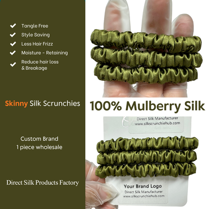 Olive Green Skinny Silk Scrunchie custom wholesale, custom brand low MOQ, 1 piece wholesale