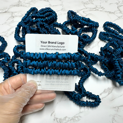 Peacock Blue Skinny Silk Scrunchie Wholesale from 1 piece, custom silk scrunchie with brand logo low MOQ.