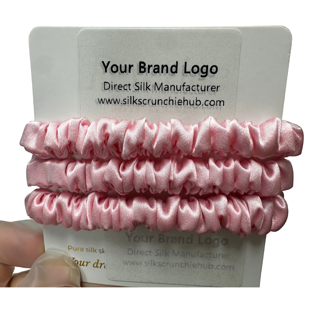 Pink Skinny Silk Scrunchie Wholesale from 1 piece, custom silk scrunchie with brand logo low MOQ.