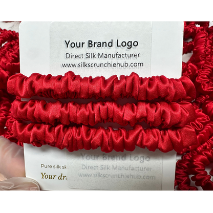 Pomegranate Red Skinny Silk Scrunchie Wholesale from 1 piece, custom silk scrunchie with brand logo low MOQ.
