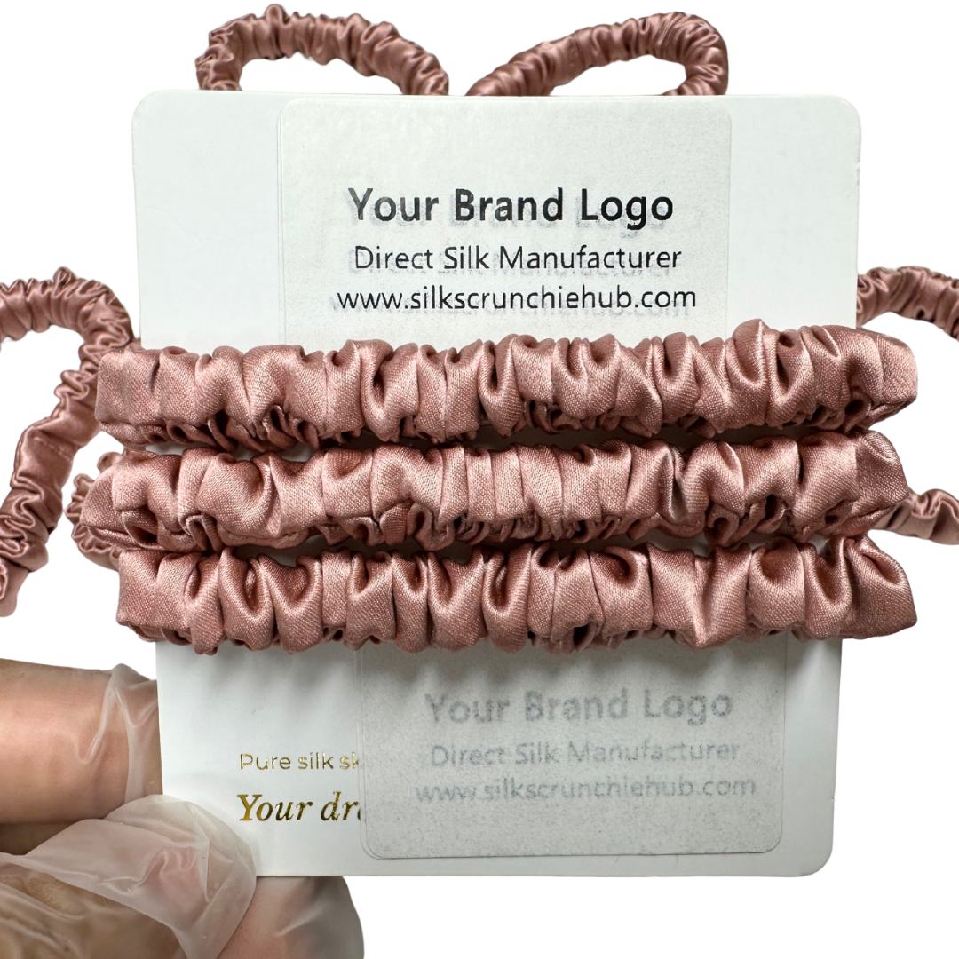 Red Beans Skinny Silk Scrunchie Wholesale from 1 piece, custom silk scrunchies with brand label, low MOQ.