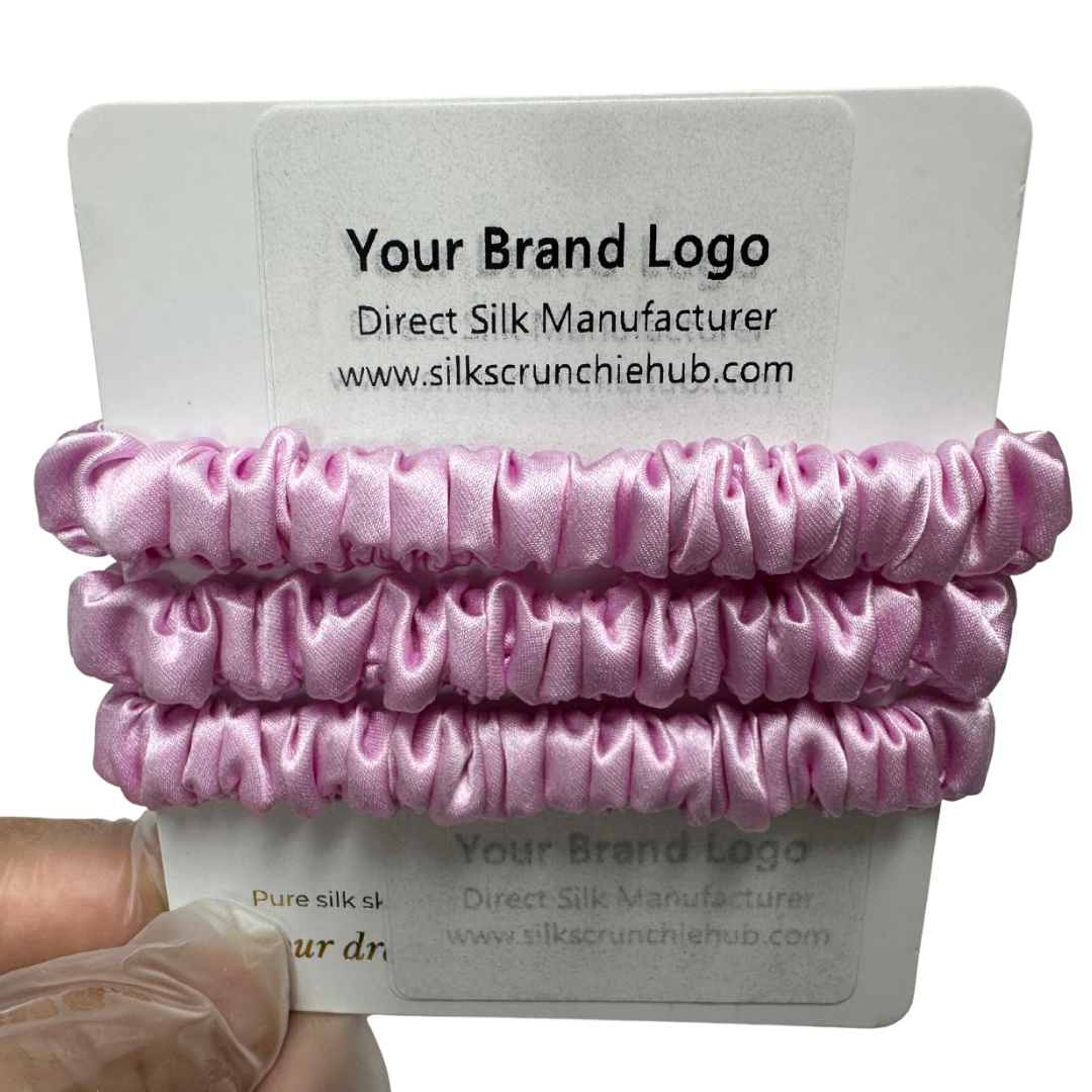 Sakura Skinny Silk Scrunchie Wholesale from 1 piece, custom silk scrunchies with brand label, low MOQ.