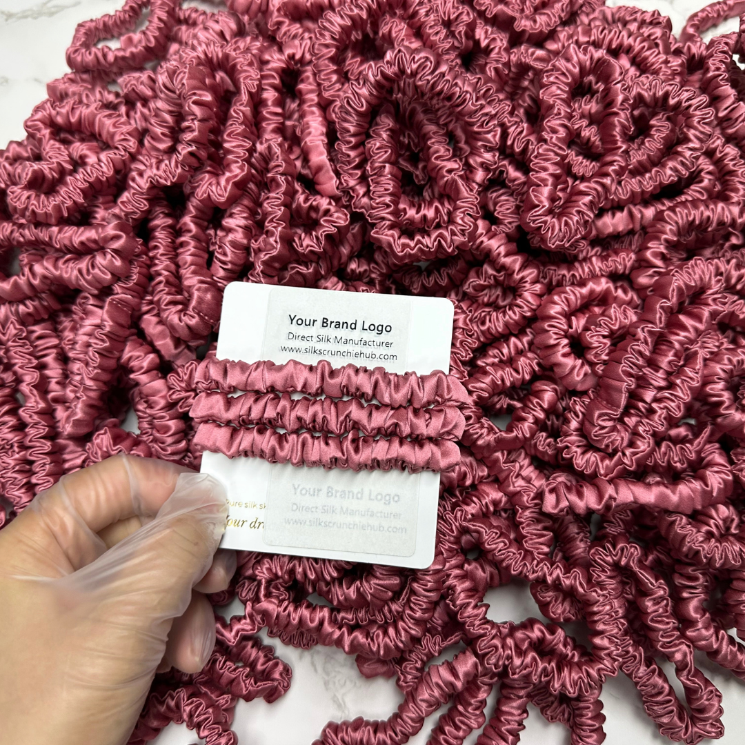 Silver Red Silk Scrunchie Wholesale from 1 piece, custom silk scrunchies with brand label, low MOQ.