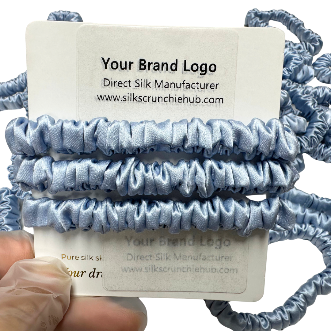 Sky Blue Skinny Silk Scrunchie Wholesale from 1 piece, custom silk scrunchie with brand logo low MOQ.