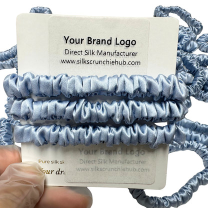 Sky Blue Skinny Silk Scrunchie Wholesale from 1 piece, custom silk scrunchie with brand logo low MOQ.