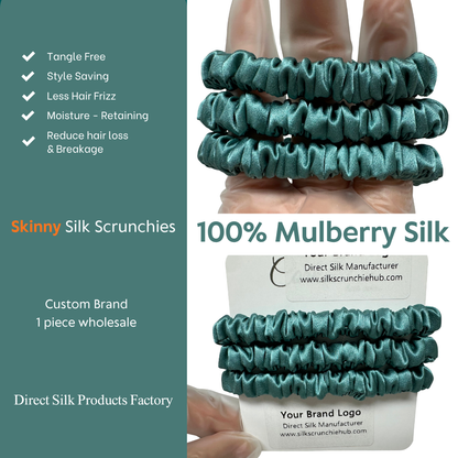Stone Green Skinny Silk Scrunchie custom wholesale, custom brand low MOQ, 1 piece wholesale