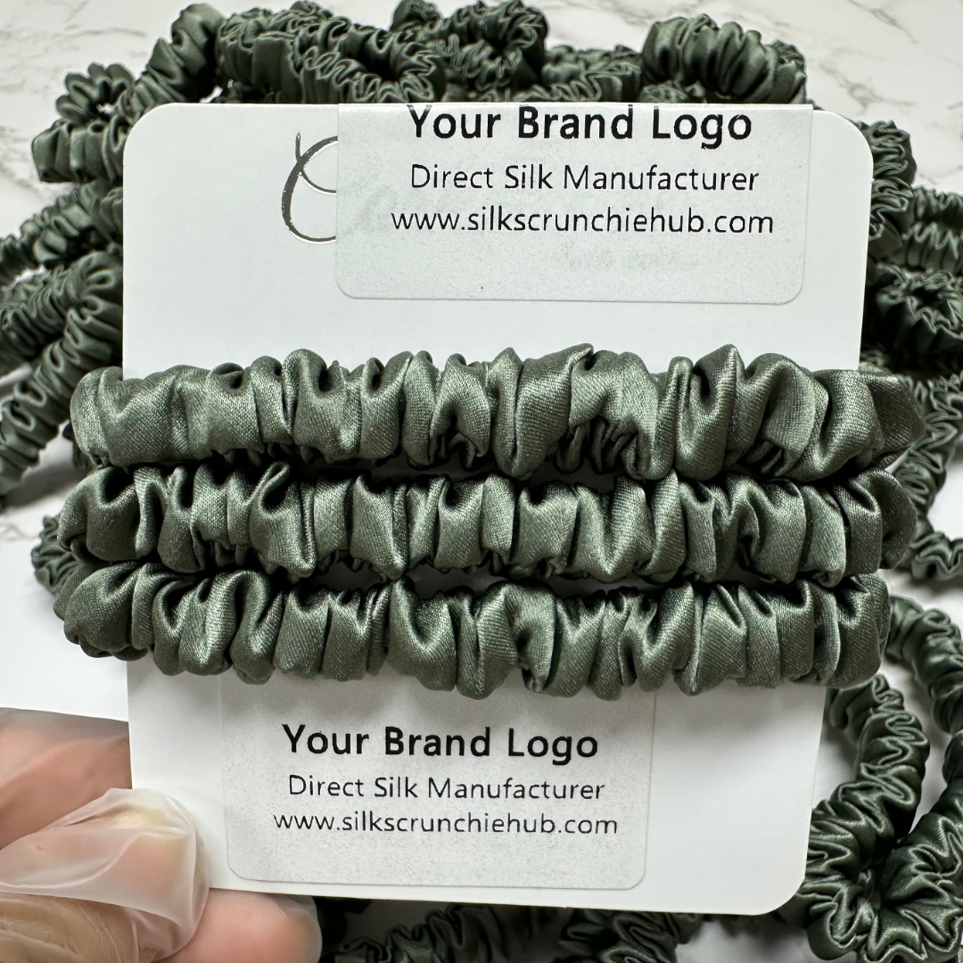 Deep Sage Silk Scrunchie Skinny custom wholesale, custom brand low MOQ, 1 piece wholesale
