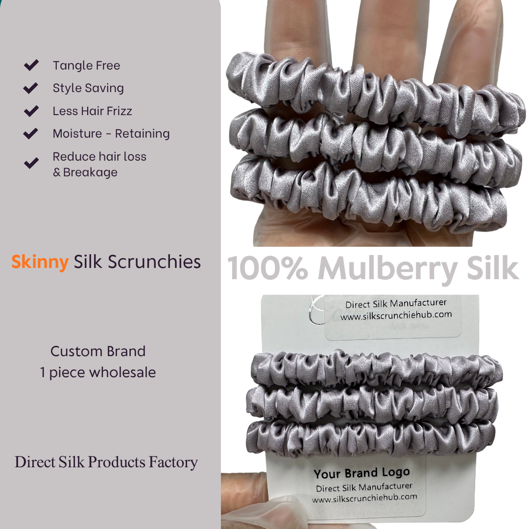 Grey Purple Skinny Silk Scrunchie custom wholesale, custom brand low MOQ, 1 piece wholesale