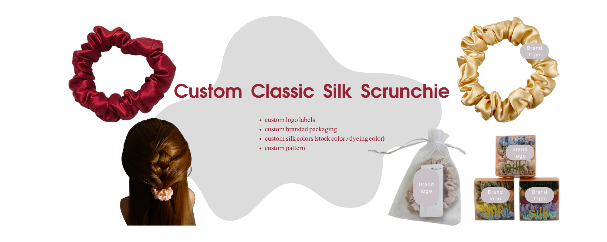 custom classic silk scrunchies with logo and packaging, low MOQ