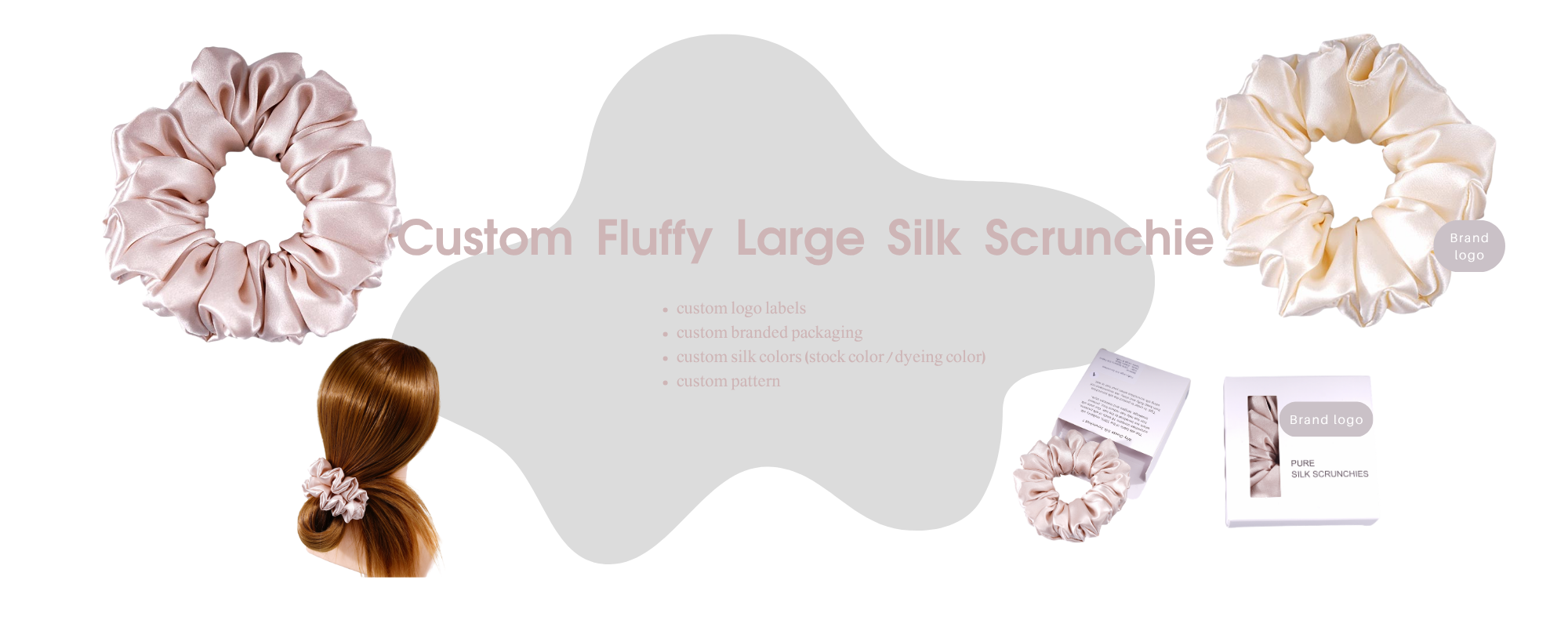 custom silk scrunchies with logo and packaging, low MOQ