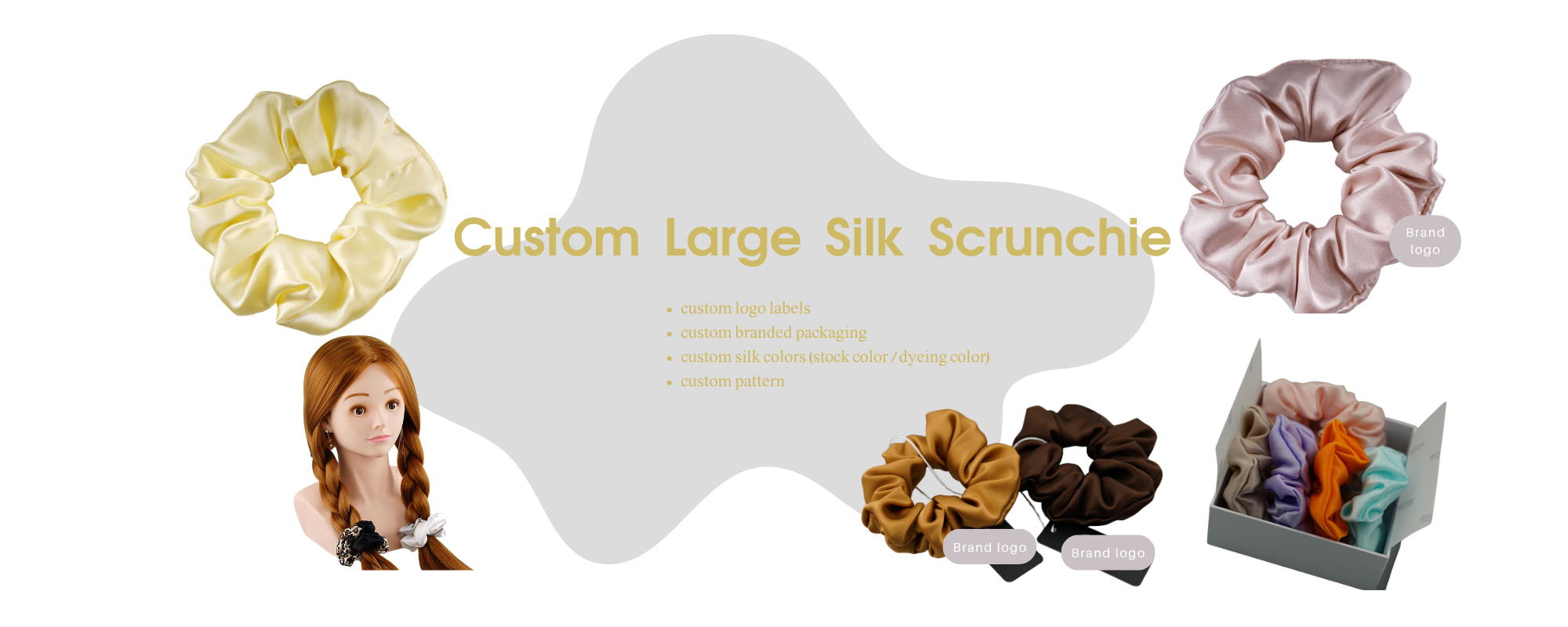 custom large silk scrunchies with logo and packaging, low MOQ