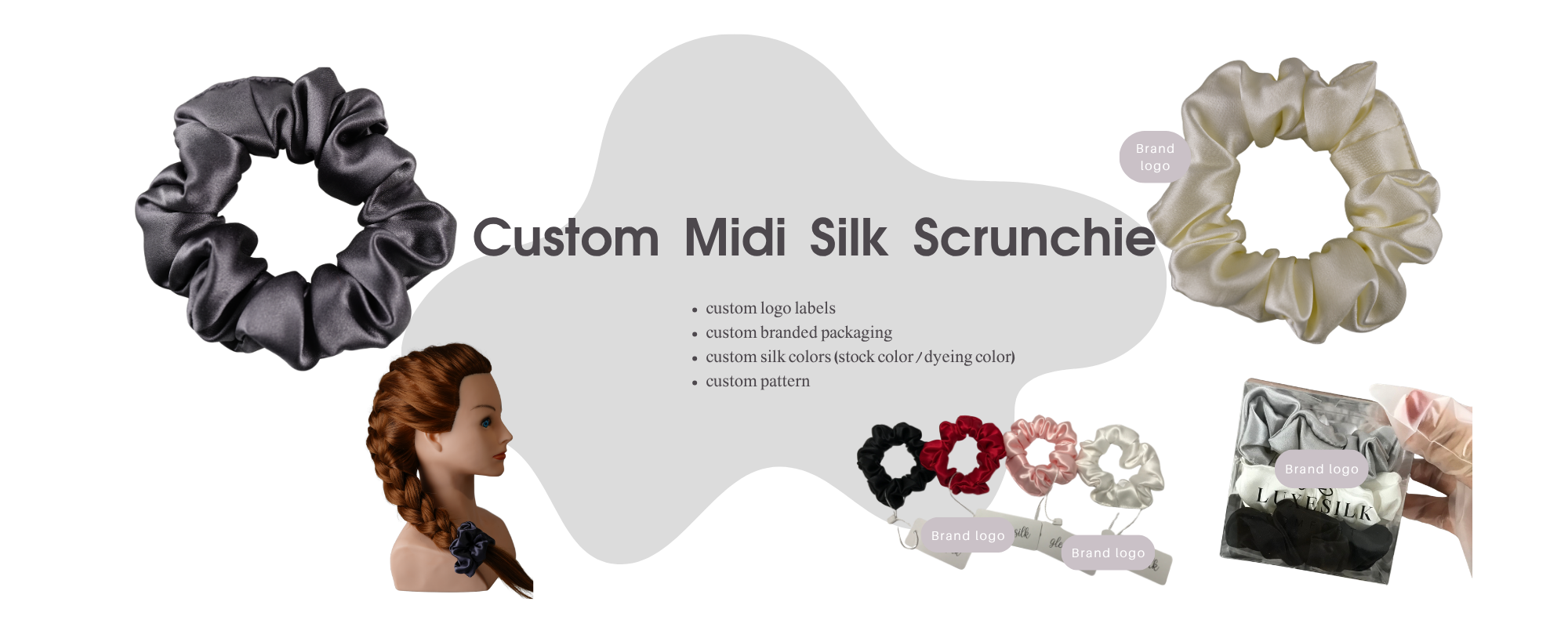 custom midi silk scrunchies with logo and packaging, low MOQ