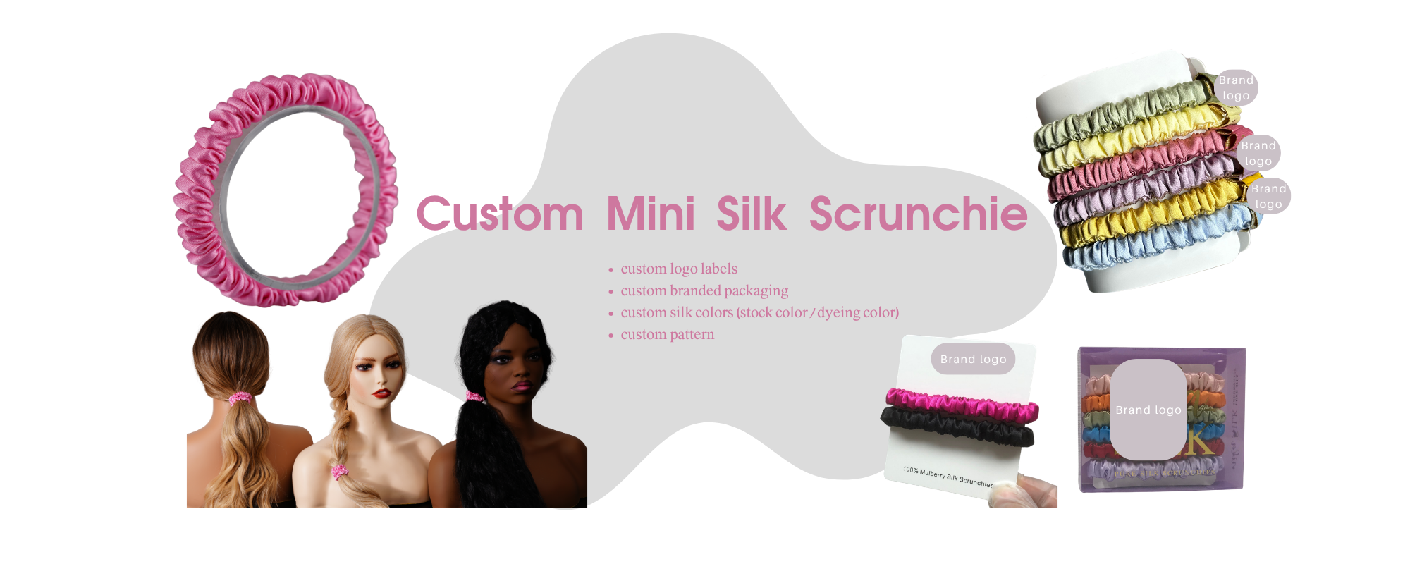 custom mini silk scrunchies with logo and packaging, low MOQ