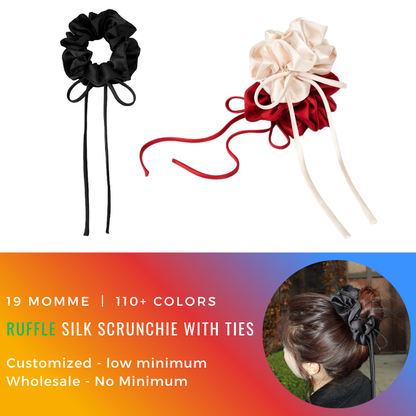 Custom Ruffle Silk Scrunchie with Ties丨Custom Brand & Bulk Wholesale