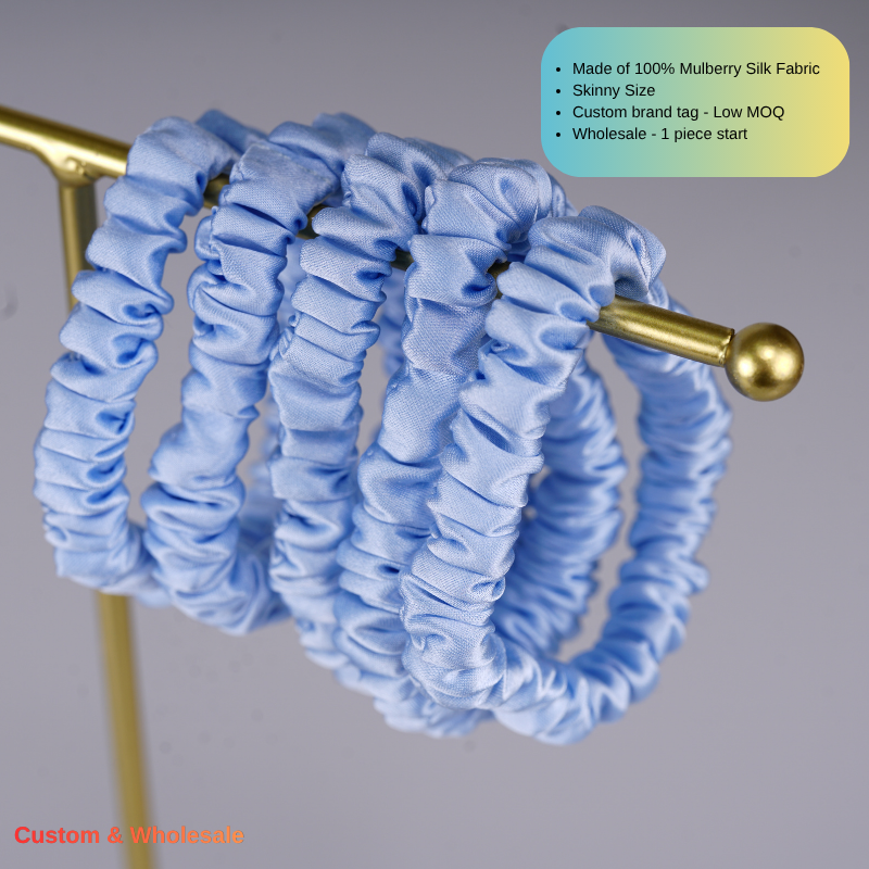 light blue skinny silk scrunchies in bulk for wholesale orders