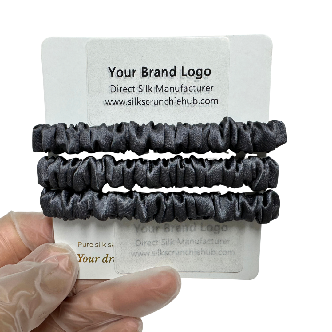 Dark Grey Skinny Silk Scrunchie Wholesale from 1 piece, custom silk scrunchie with brand logo low MOQ.