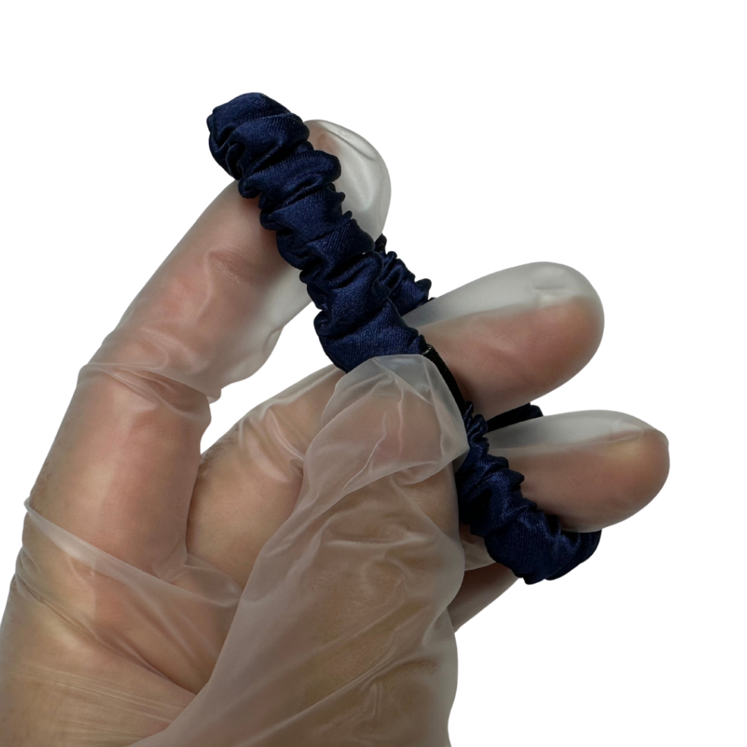 Dark Indigo Skinny Silk Scrunchie Wholesale from 1 piece, custom silk scrunchies with brand label, low MOQ.