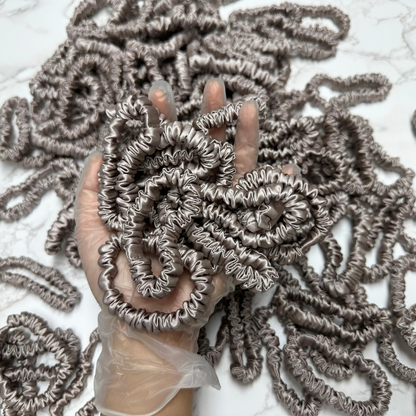 Light Root Skinny Silk Scrunchie Wholesale from 1 piece, custom silk scrunchie with brand logo low MOQ.
