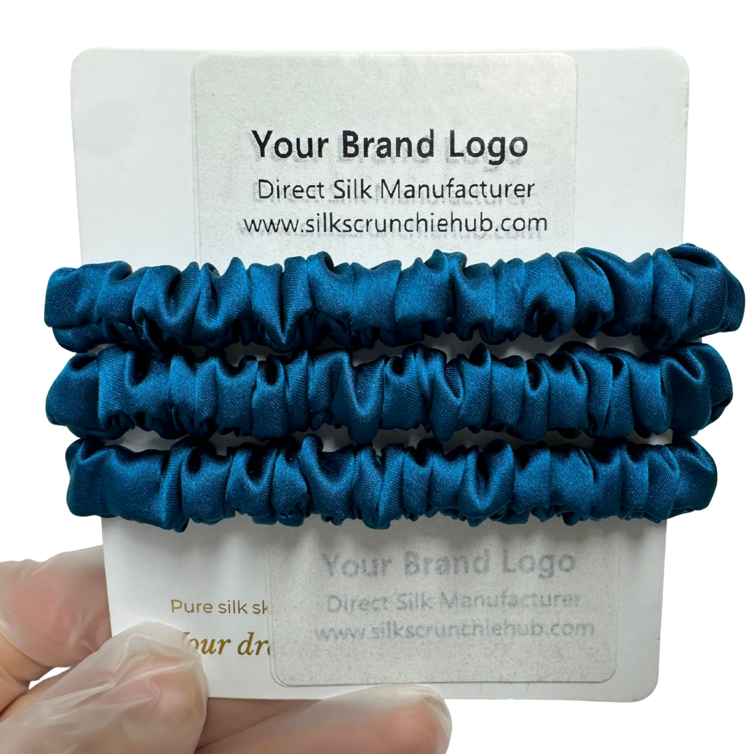 Peacock Blue Skinny Silk Scrunchie Wholesale from 1 piece, custom silk scrunchie with brand logo low MOQ.