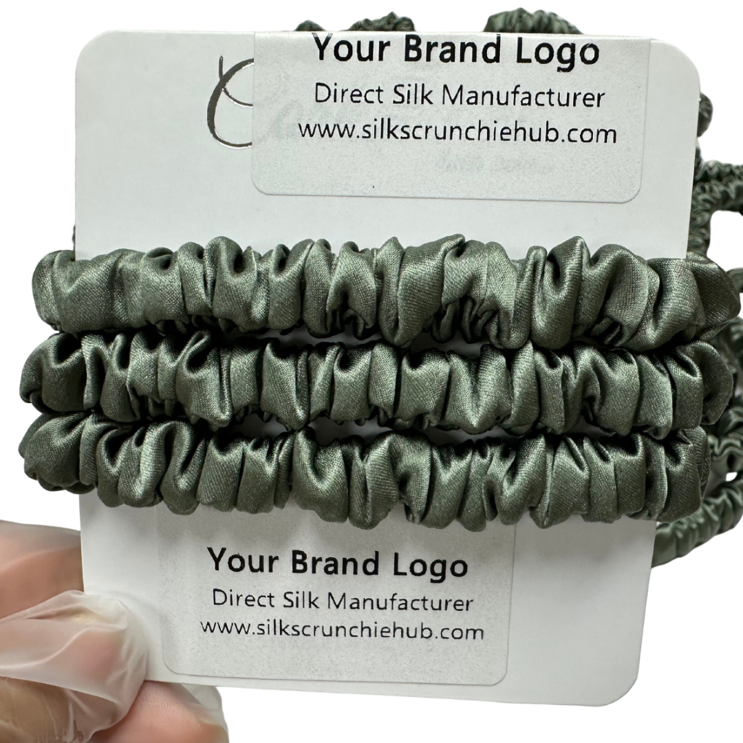 Deep Sage Silk Scrunchie Skinny custom wholesale, custom brand low MOQ, 1 piece wholesale