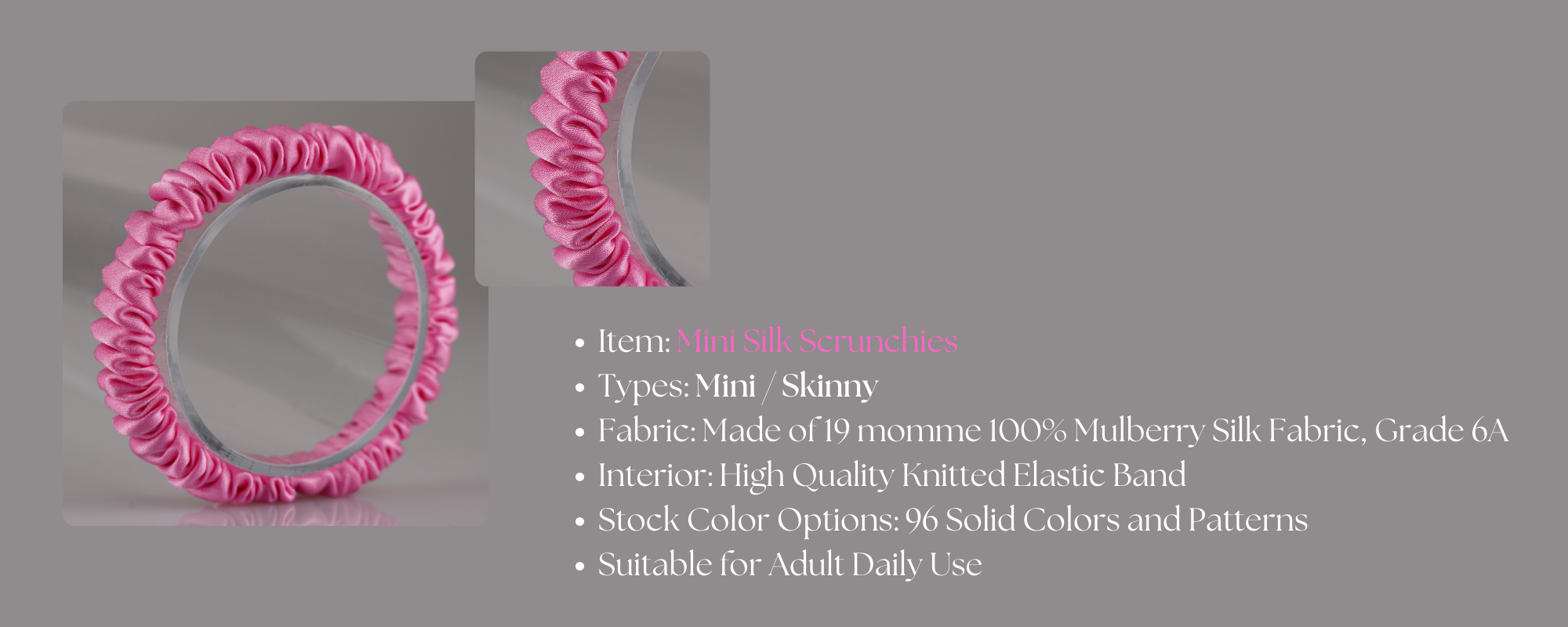 mini silk scrunchies custom wholesale, custom brand low MOQ, 1 piece wholesale