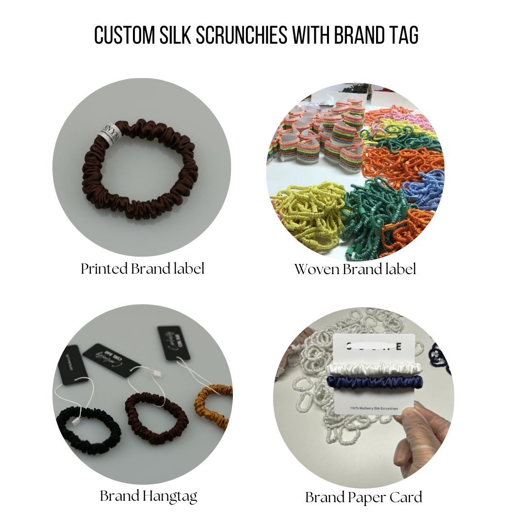mini silk scrunchies custom brand logo with low MOQ