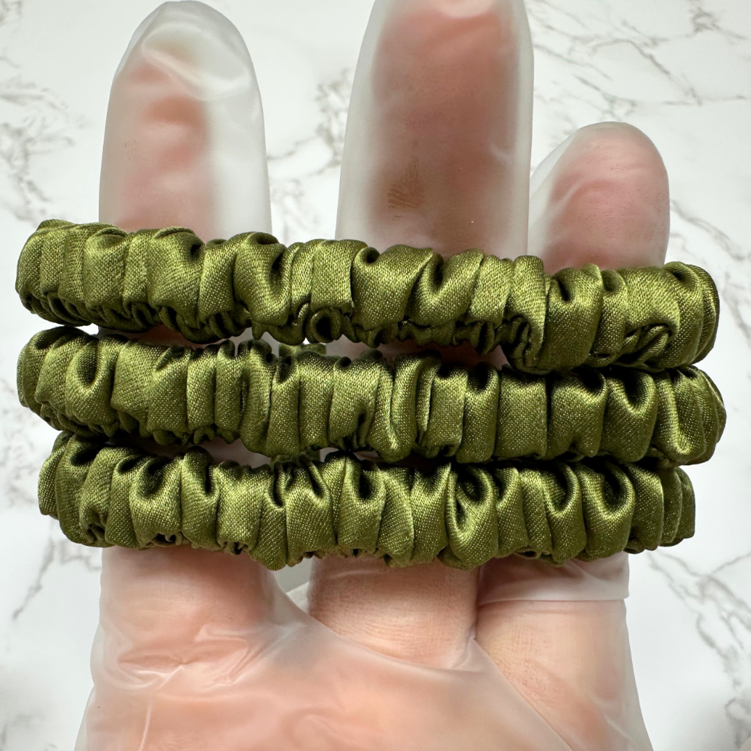Olive Green Skinny Silk Scrunchie custom wholesale, custom brand low MOQ, 1 piece wholesale