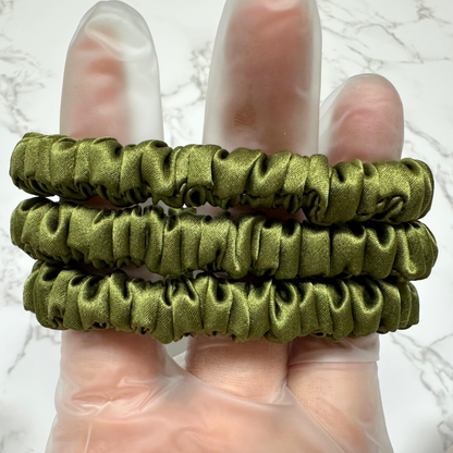 Olive Green Skinny Silk Scrunchie custom wholesale, custom brand low MOQ, 1 piece wholesale
