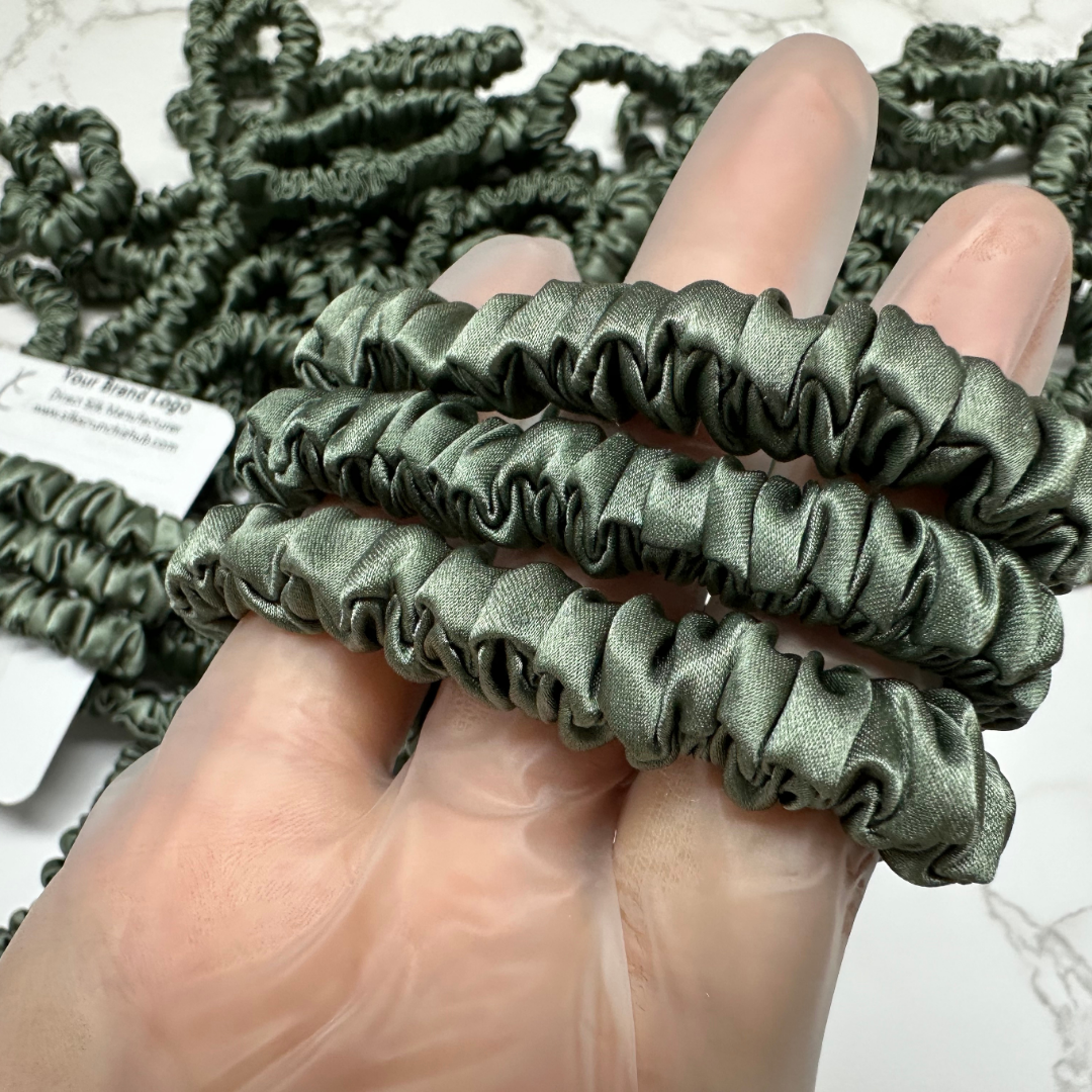 Deep Sage Silk Scrunchie Skinny custom wholesale, custom brand low MOQ, 1 piece wholesale